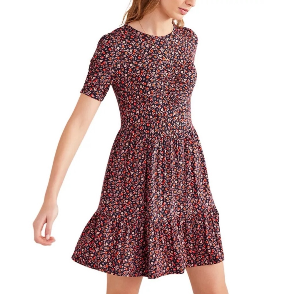 Boden Ruched Bust Jersey Mini Dress Pink Sherbet Petal Foliage Size 12